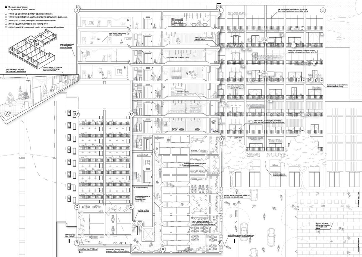 Cafe Apartment in Saigon was studied to experiment the overlapped technique of architectural drawings and informations. This drawing was featured in Melbourne Design Week 2025.